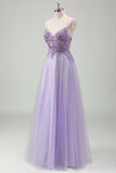 Sparkly Purple A-Line Spaghetti Straps Corset Long Prom Dress with Appliques