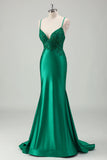 Sparkly Green Mermaid Spaghetti Straps Satin Long Prom Dress with Appliques