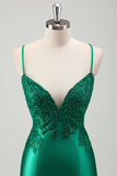 Sparkly Green Mermaid Spaghetti Straps Satin Long Prom Dress with Appliques