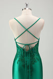 Sparkly Green Mermaid Spaghetti Straps Satin Long Prom Dress with Appliques