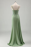 Sparkly Light Green Mermaid Spaghetti Straps Appliques Long Prom Dress with Slit