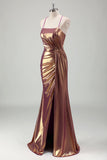 Metallic Gold Mermaid Spaghetti Straps Ruched Long Prom Dress with Slit