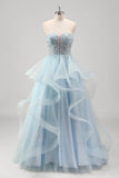 Strapless Sparkly Sequins Tulle A Line Pleated Prom Dress