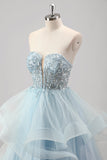 Strapless Sparkly Sequins Tulle A Line Pleated Prom Dress