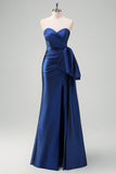 Dark Blue Strapless Pleated Long Prom Dress with Draped Bow Accent