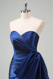 Dark Blue Strapless Pleated Long Prom Dress with Draped Bow Accent