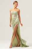 Sage Mermaid Spaghetti Straps Corset Satin Bridesmaid Dress with Slit