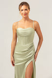 Sage Mermaid Spaghetti Straps Corset Satin Bridesmaid Dress with Slit