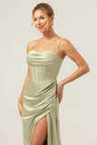 Sage Mermaid Spaghetti Straps Corset Satin Bridesmaid Dress with Slit