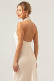 Champagne Sheath Halter Long Bridesmaid Dress With Slit