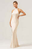 Champagne Sheath Halter Long Bridesmaid Dress With Slit