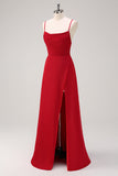 Burgundy Spaghetti Straps A-Line Bridesmaid Dress with Slit