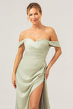 Sage Mermaid Off The Shoulder Pleated Satin Bridesmaid Dress with Slit