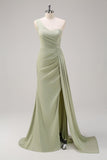 Sage One Shoulder Satin Side Streamer Mermaid Bridesmaid Dress with Slit