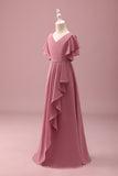 Desert Rose Chiffon Batwing Sleeves A Line Ruffled Junior Bridesmaid Dress