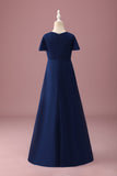 Navy Round Neck A Line Junior Bridesmaid Dress With Short Sleeves