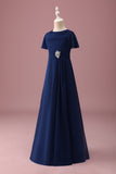 Navy Round Neck A Line Junior Bridesmaid Dress With Short Sleeves