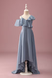 Grey Blue V-Neck A-Line Chiffon High Low Junior Bridesmaid Dress