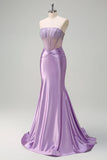 Sparkly Lilac Mermaid Strapless Sheer Corset Long Prom Dress with Beading