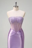 Sparkly Lilac Mermaid Strapless Sheer Corset Long Prom Dress with Beading