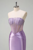 Sparkly Lilac Mermaid Strapless Sheer Corset Long Prom Dress with Beading