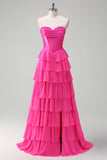 Fuchsia A Line Strapless Corset Tiered Prom Dress with Ruffles