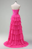 Fuchsia A Line Strapless Corset Tiered Prom Dress with Ruffles