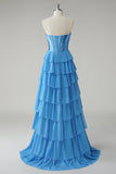 Blue Sweetheart Ruffled A Line Long Prom Dress