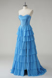 Blue Sweetheart Ruffled A Line Long Prom Dress