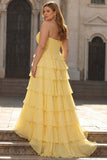 Yellow A Line Strapless Basque Waist Tiered Ruffled Long Plus Size Prom Dress with Slit