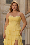 Yellow A Line Strapless Basque Waist Tiered Ruffled Long Plus Size Prom Dress with Slit