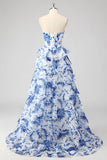 Floral A Line Strapless Corset Tiered Blush Prom Dress with Slit