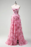 Floral A Line Strapless Corset Tiered Blush Prom Dress with Slit