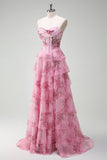 Blush Floral A Line Strapless Corset Tiered Prom Dress