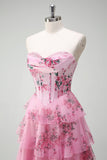 Blush Floral A Line Strapless Corset Tiered Prom Dress