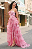 Floral A Line Strapless Corset Tiered Blush Prom Dress with Slit