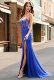 Royal Blue Corset Mermaid Slit Long Prom Dress with Beading