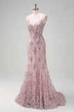 Sparkly Grey Pink Mermaid V-Neck Sequined Prom Dress with Lace Up Back