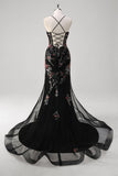 Black Mermaid Spaghetti Straps Appliqued Long Prom Dress With  Sequins