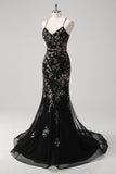 Black Mermaid Spaghetti Straps Appliqued Long Prom Dress With  Sequins