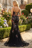 Black Mermaid Spaghetti Straps Appliqued Long Prom Dress With  Sequins