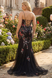 Black Mermaid Spaghetti Straps Appliqued Long Prom Dress With  Sequins