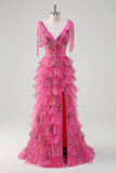 Fuchsia A Line Ruffle V-Neck Tiered Floral Prom Dress with Slit