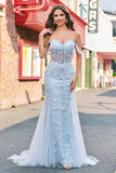 Mermaid Applique Off the Shoulder Corset Blue Prom Dress