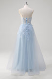 Blue A Line Spaghetti Straps Appliqued Corset Long Prom Dress With Tulle