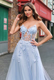 A Line Tulle Spaghetti Straps Corset Applique Blue Prom Dress with Slit