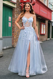 A Line Tulle Spaghetti Straps Corset Applique Blue Prom Dress with Slit