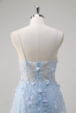 Blue A Line Spaghetti Straps Appliqued Corset Long Prom Dress With Tulle