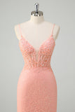 Orange Mermaid Spaghetti Straps Corset Sequined Prom Dress