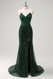 Sparkly Mermaid Sweetheart Dark Green Corset Sequins Lace Prom Dress with Slit